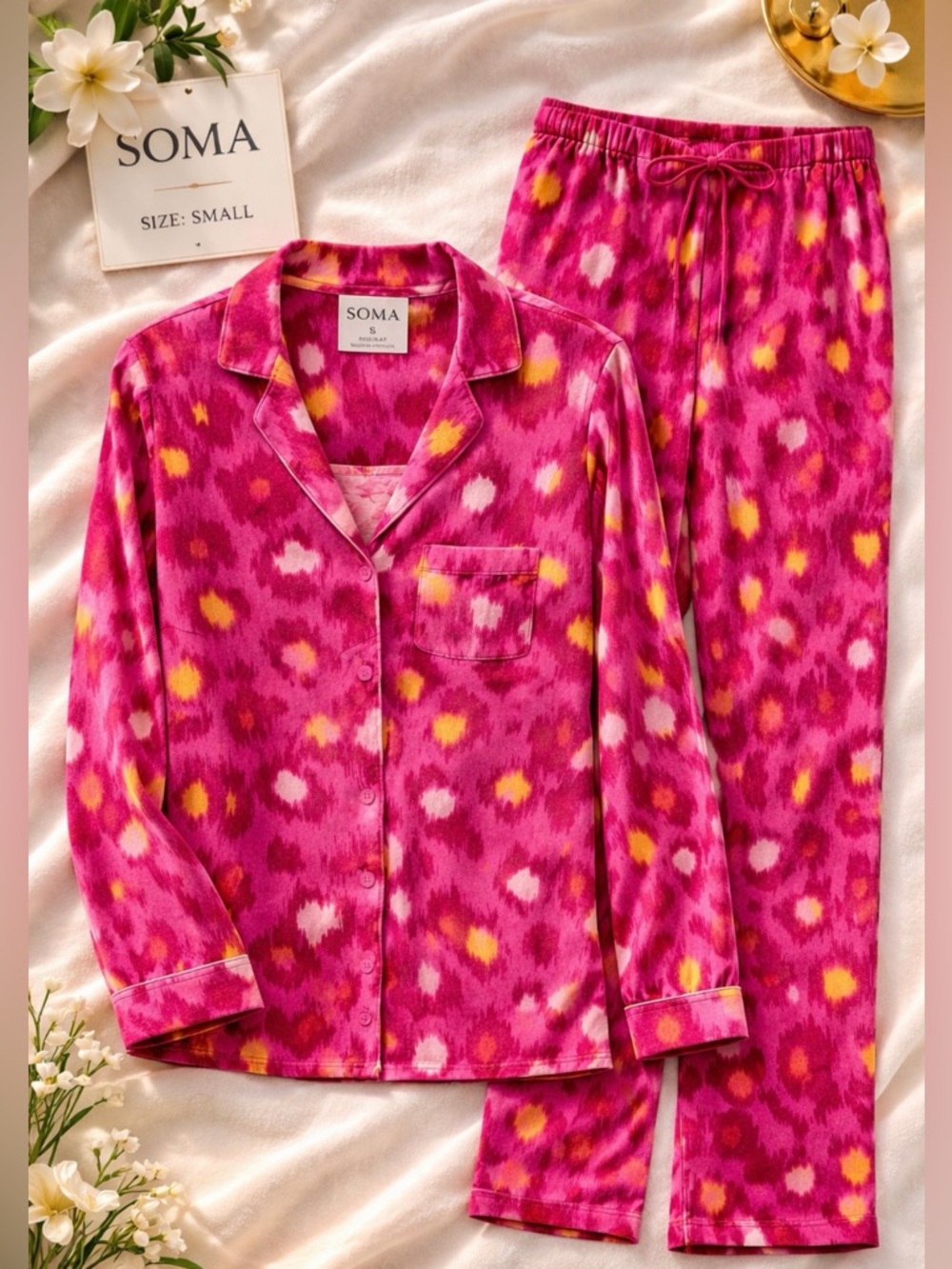 Soma Pink Ikat Pajama Set Small Soft Rayon Lounge Sleepwear